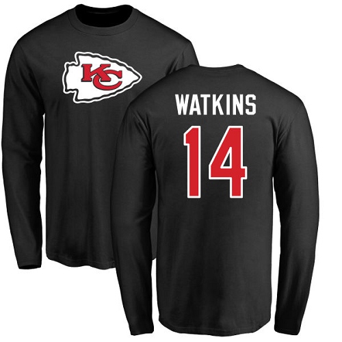 Men Kansas City Chiefs #14 Watkins Sammy Black Name and Number Logo Long Sleeve T-Shirt